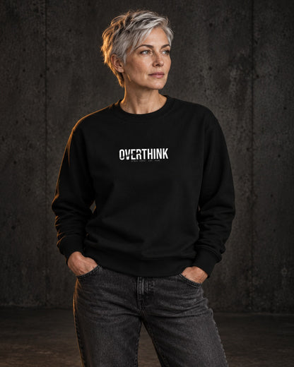 Overthink Sweatshirt, worn, front print, black — AI-generated visual