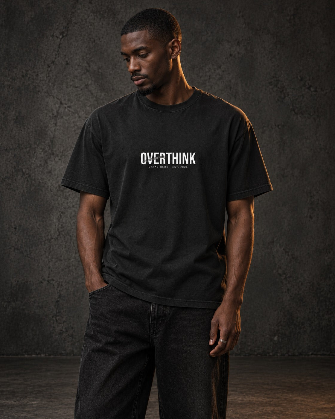 Overthink Tee, worn, front print, black — AI-generated visual