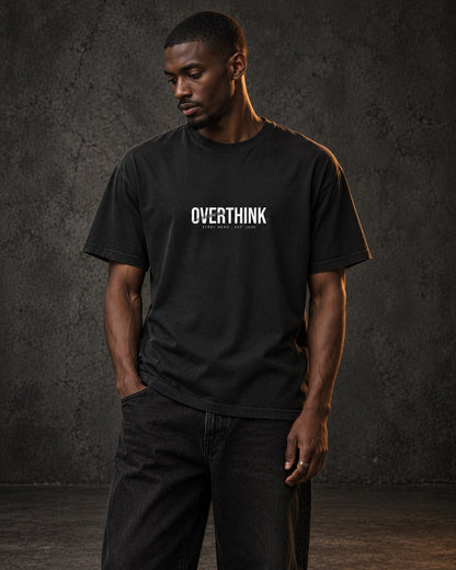Overthink Tee, worn, front print, black — AI-generated visual