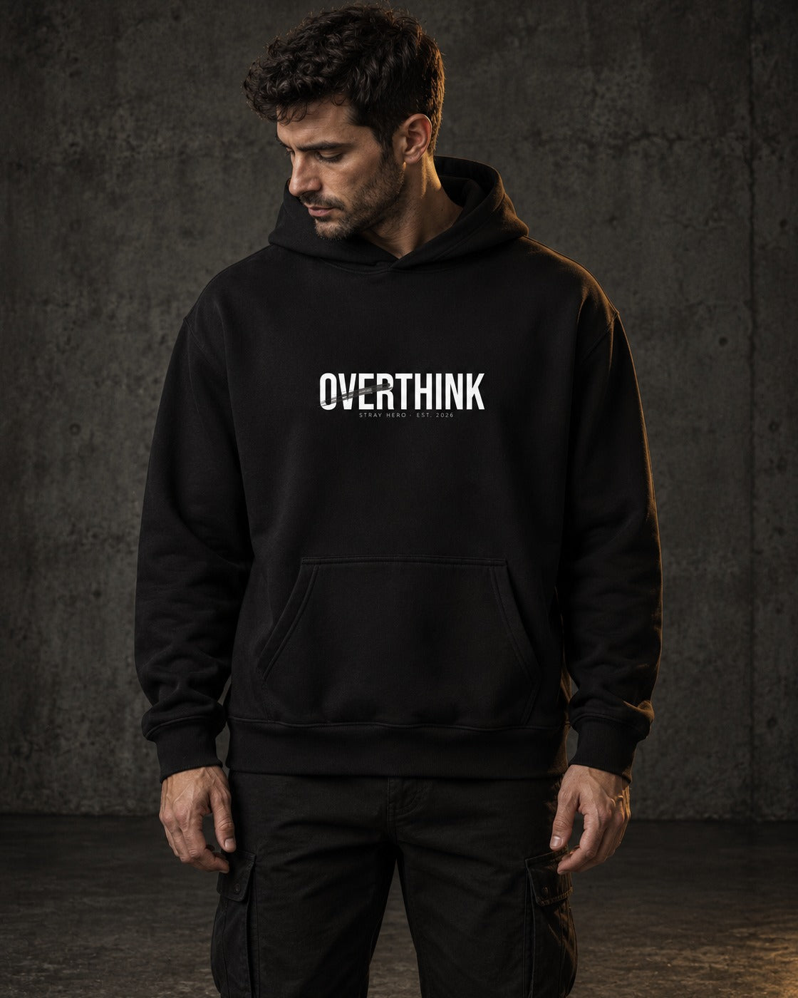 Overthink Hoodie, worn, front print, black — AI-generated visual