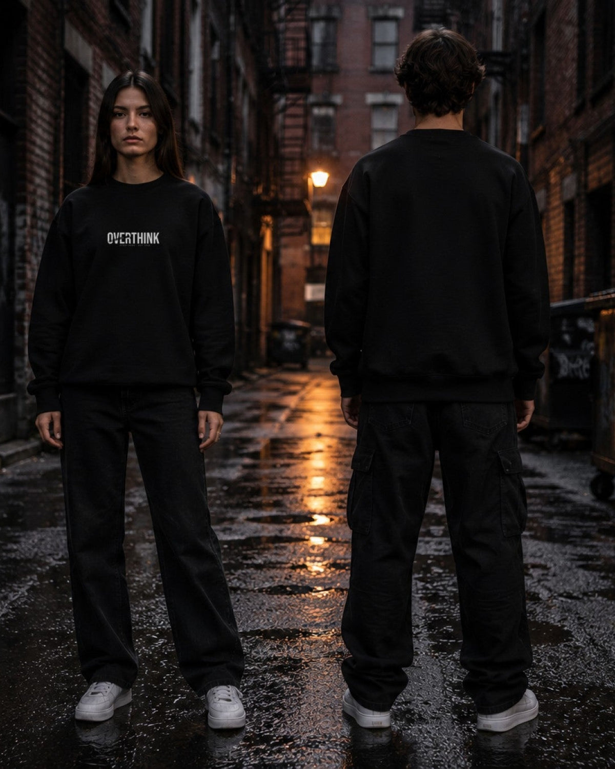 Overthink sweatshirt — alley lifestyle — AI-generated visual