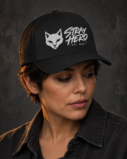 Patrol Trucker Cap, worn, front embroidery, black — AI-generated visual