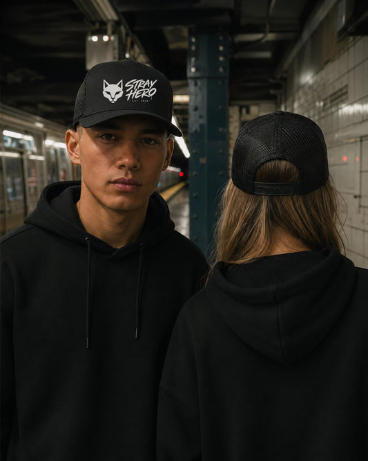 Patrol Trucker Cap — Stray Hero Lifestyle — AI-generated visual