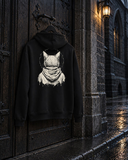 Patron Saint Hoodie, back print, black, hanging on a church door under a street lamp at night — AI-generated visual