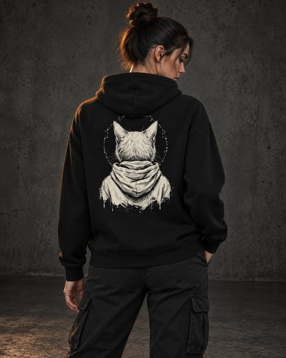 Patron Saint Hoodie, worn, back print, black — AI-generated visual