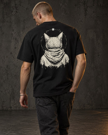 Patron Saint Tee, worn, back print, black — AI-generated visual