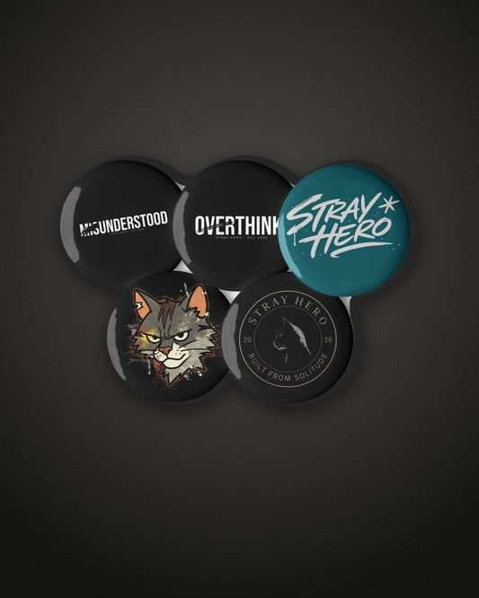 Pin Set, five 2.25 inch buttons: Misunderstood, Overthink, Stray Hero script, cat face, Stray Hero seal
