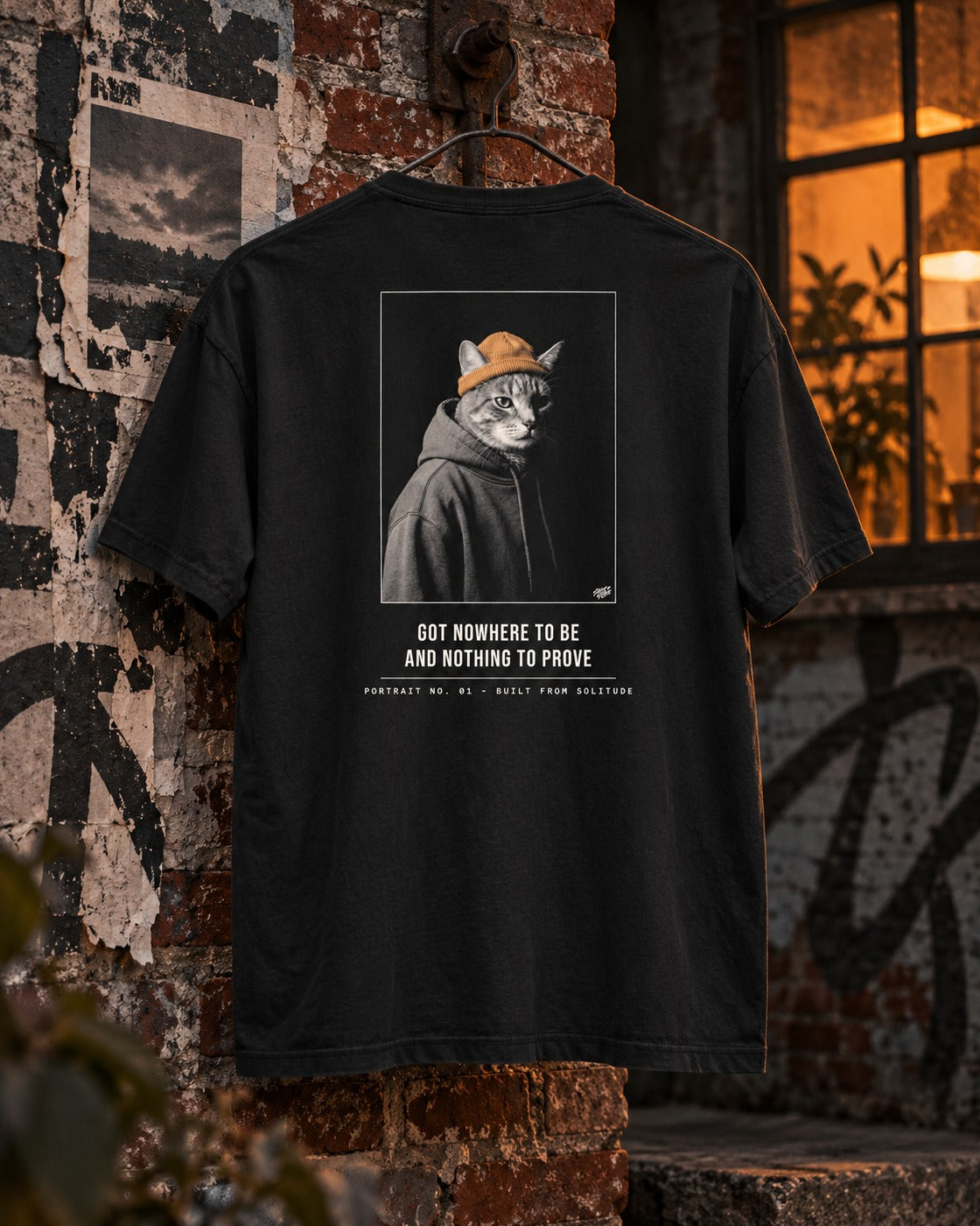 Portrait No. 01 Tee, back print, black, hanging on a graffiti-covered brick wall beside a lit window at dusk — AI-generated visual