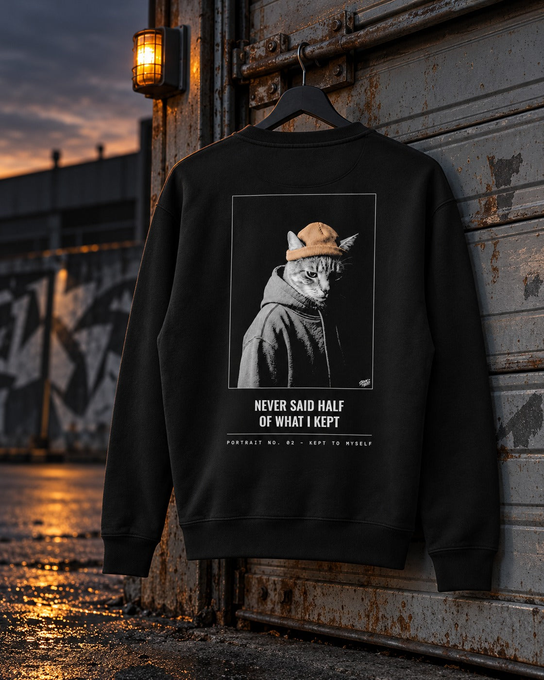 Portrait No. 02 Sweatshirt, back print, black, hanging on a corrugated metal wall under a lamp at sunset — AI-generated visual