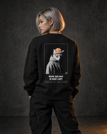 Portrait No. 02 Sweatshirt, worn, back print, black — AI-generated visual