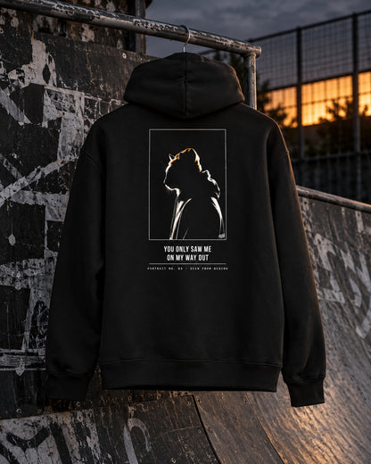 Portrait No. 03 Hoodie, back print, black, hanging on a rail at a skatepark ramp at dusk — AI-generated visual