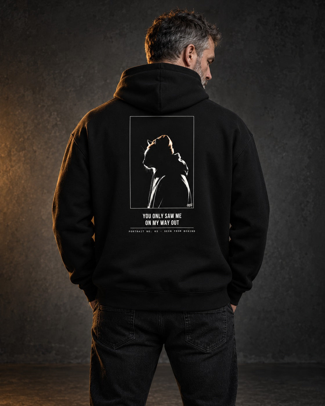 Portrait No. 03 Hoodie, worn, back print, black — AI-generated visual