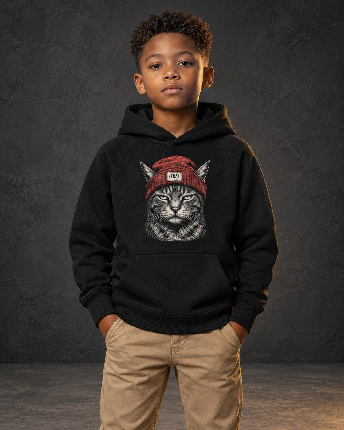 Rogue Kids Hoodie, worn, front print, black — AI-generated visual