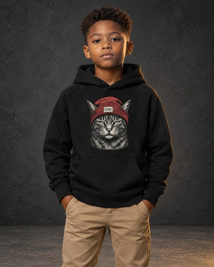 Rogue Kids Hoodie, worn, front print, black — AI-generated visual