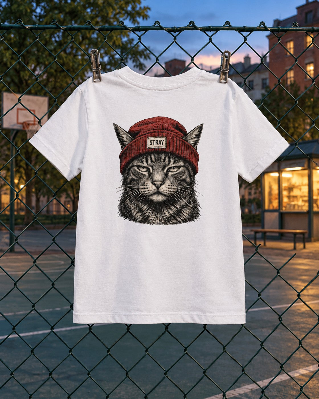 Rogue Kids Tee White, back print, white, clipped to a basketball court fence at dusk — AI-generated visual