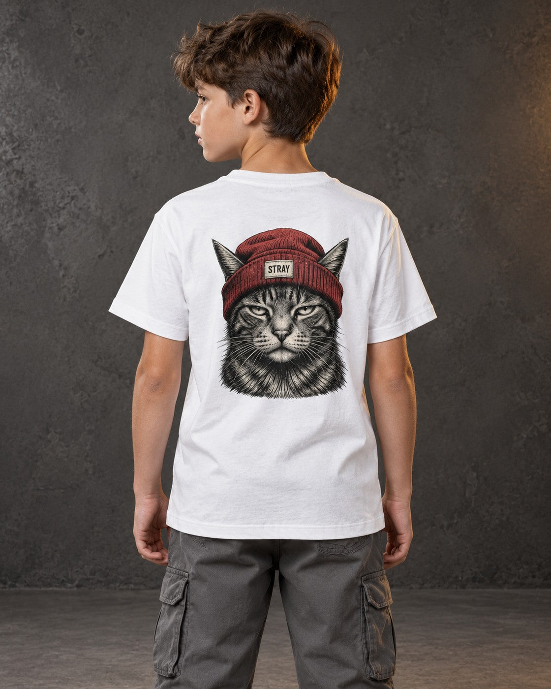 Rogue Kids Tee White, worn, back print, white — AI-generated visual