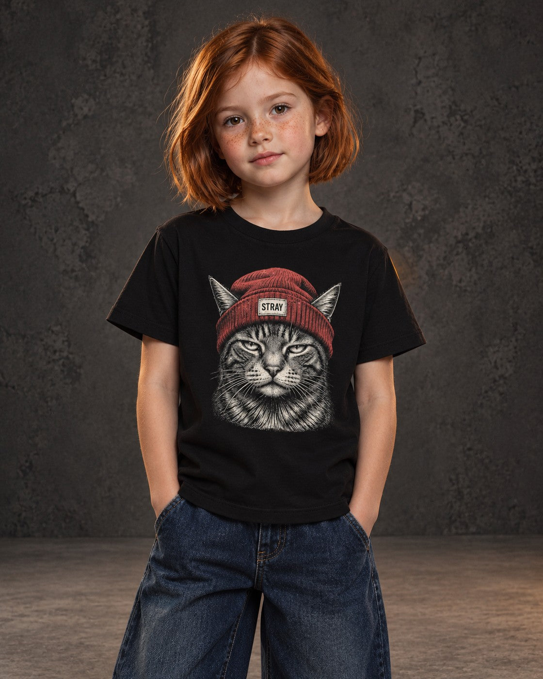 Rogue Kids Tee, worn, front print, black — AI-generated visual