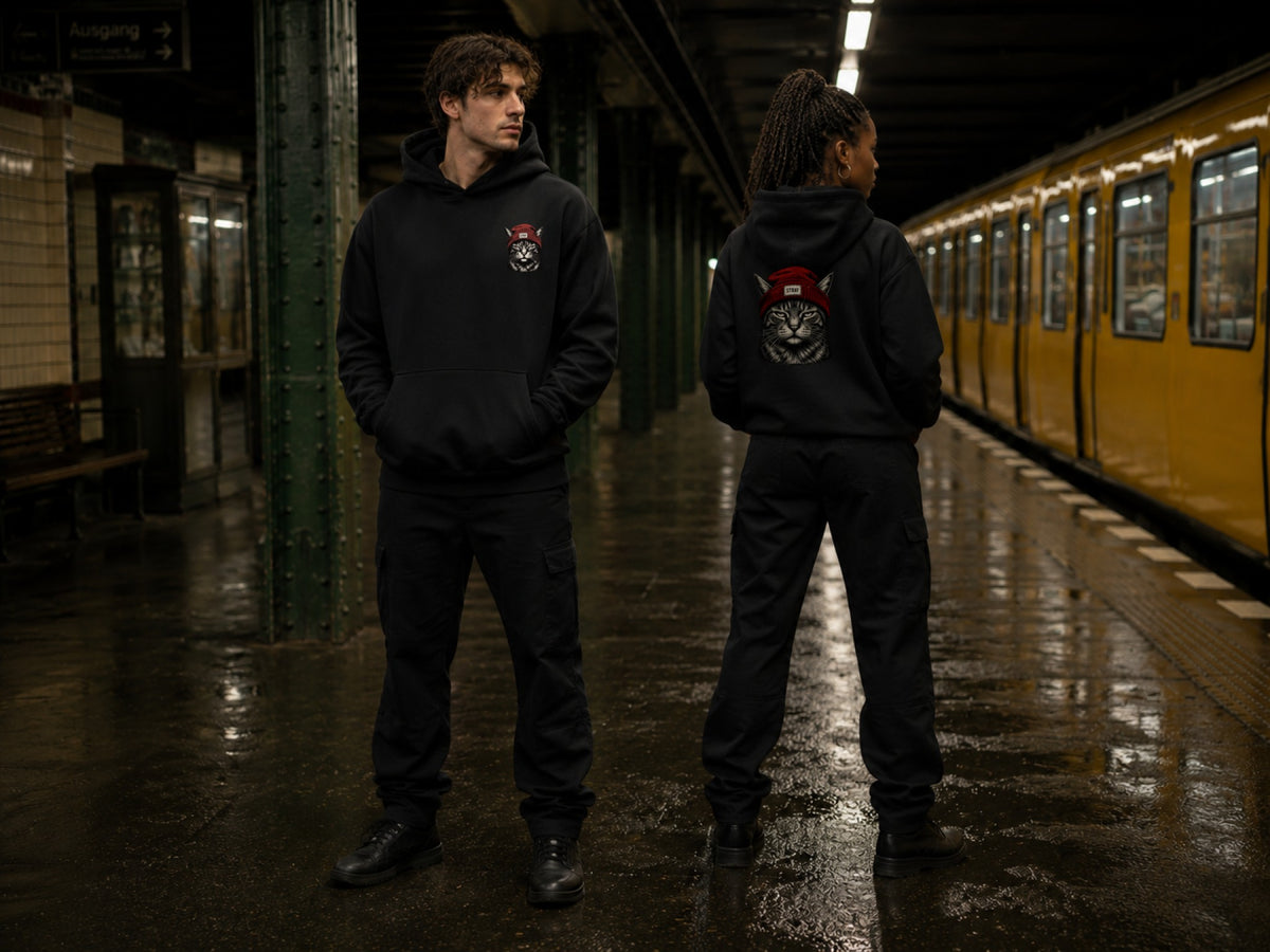 Beanie Cat Hoodie Rogue — Stray Hero Lifestyle — AI-generated visual