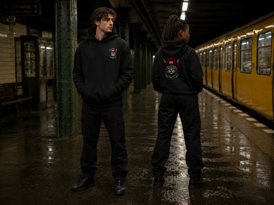 Beanie Cat Hoodie Rogue — Stray Hero Lifestyle — AI-generated visual