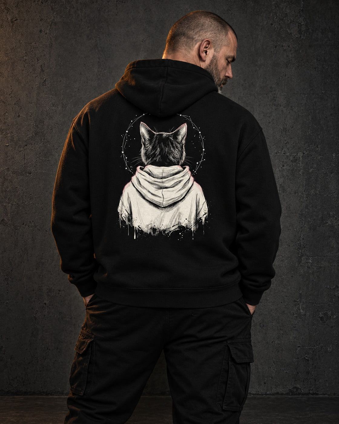Rosary Hoodie, worn, back print, black — AI-generated visual