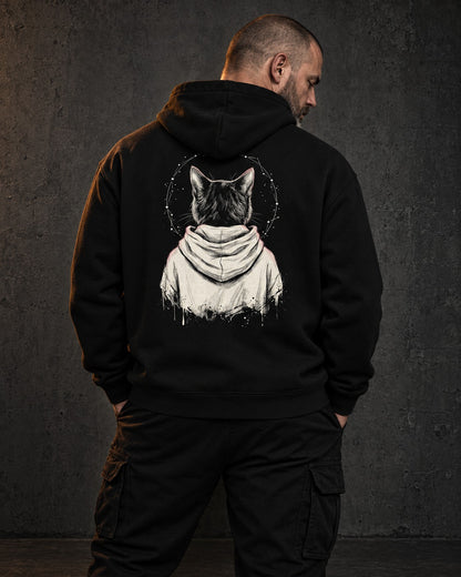 Rosary Hoodie, worn, back print, black — AI-generated visual