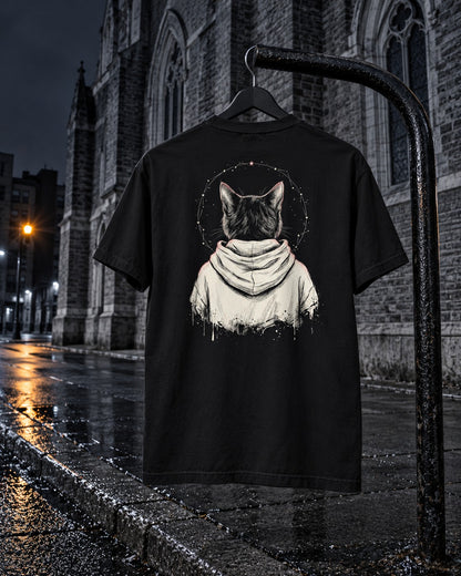 Rosary Tee, back print, black, hanging on a bike rack on a city street at night — AI-generated visual