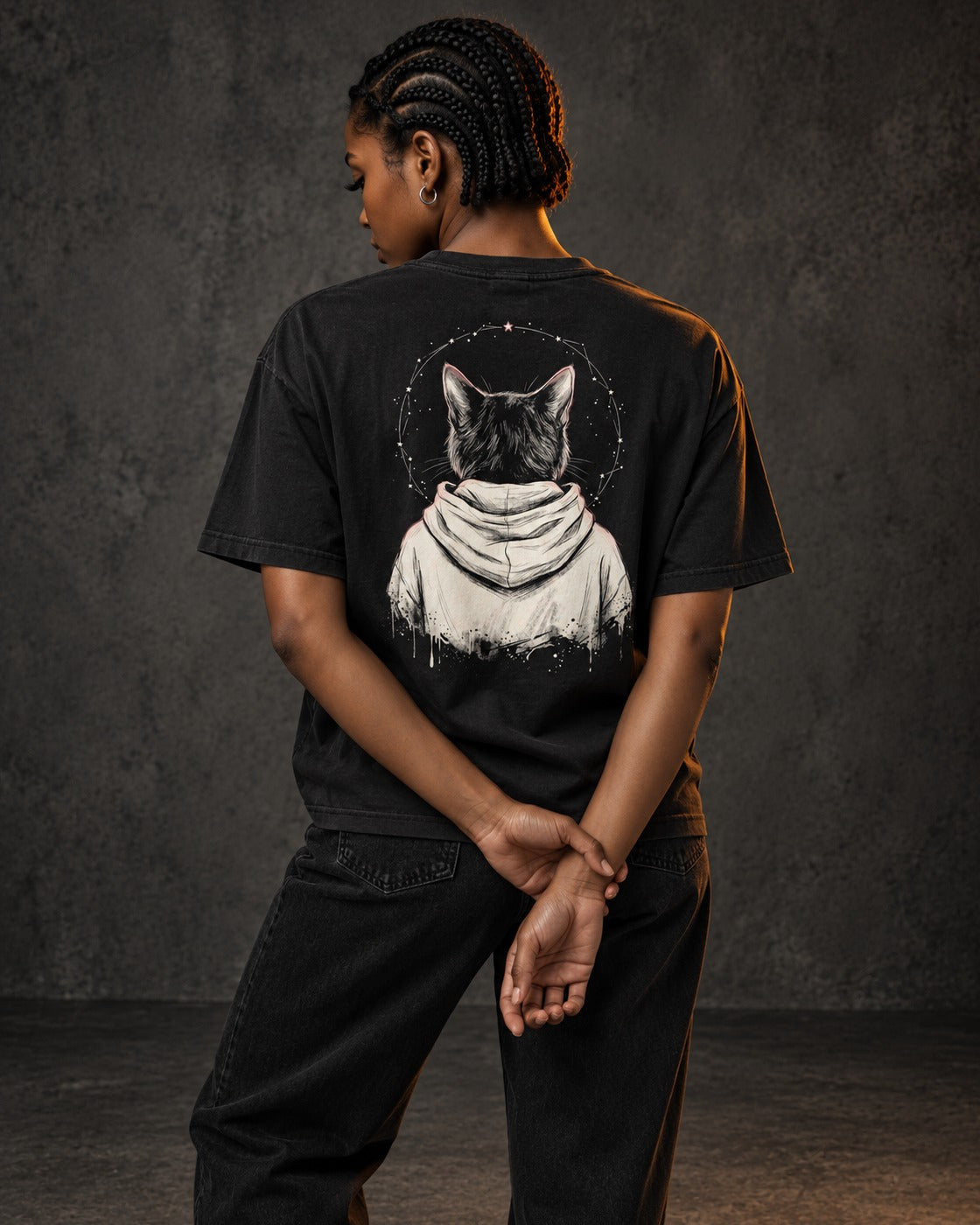 Rosary Tee, worn, back print, black — AI-generated visual