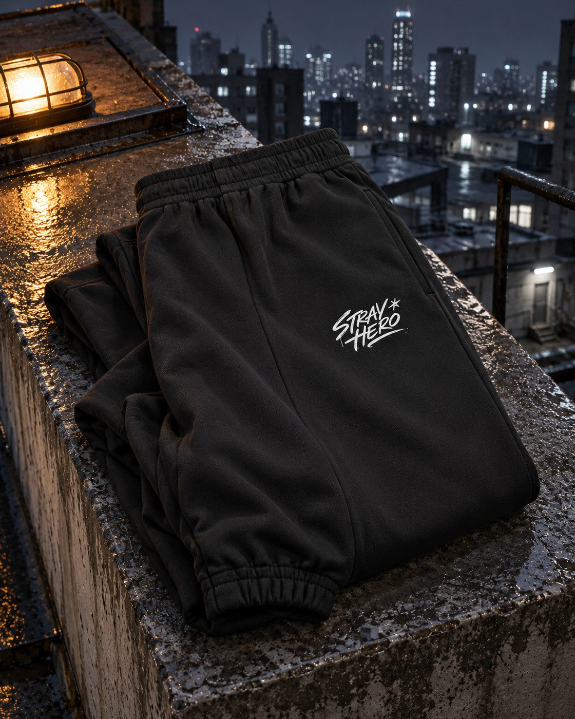 Script Joggers, leg print, black, folded on a wet rooftop ledge beside a bulkhead lamp at night — AI-generated visual