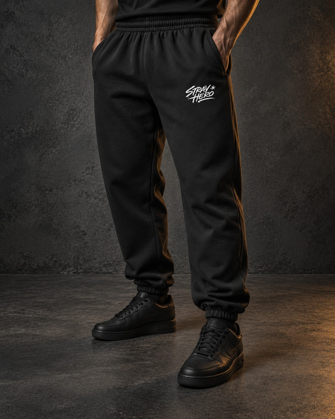 Script Joggers, worn, leg print, black — AI-generated visual