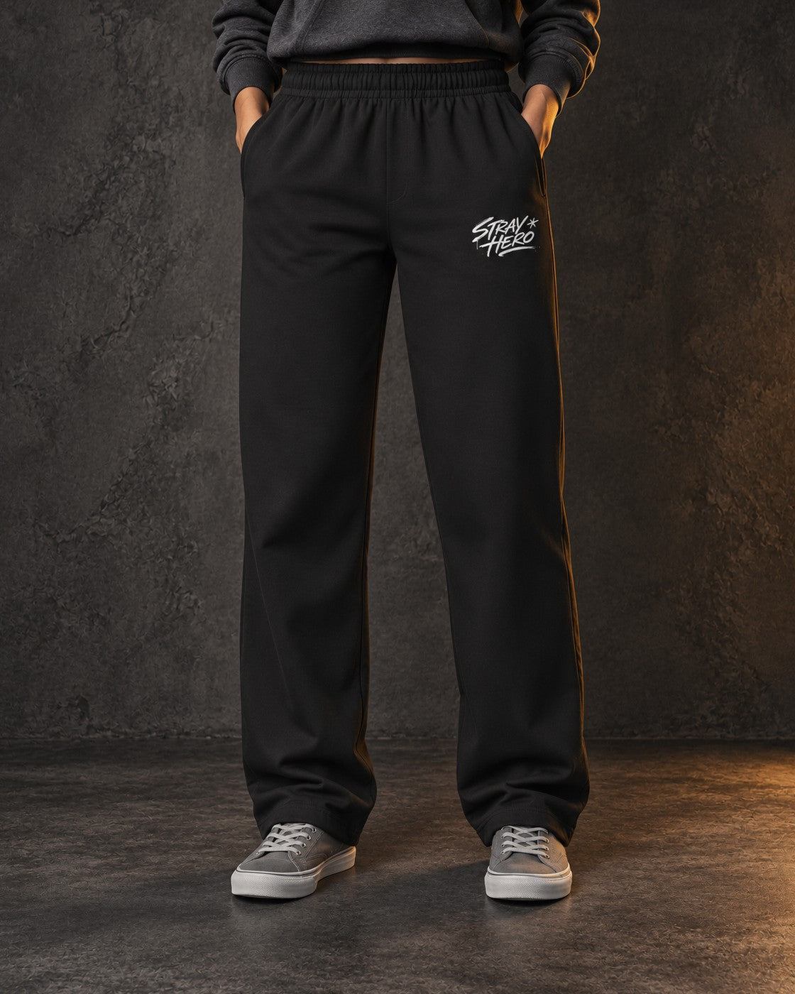 Script Track Joggers, worn, leg print, black — AI-generated visual