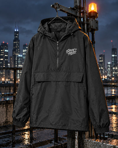 Script Windbreaker, chest print, black, hanging from a rooftop rail under an amber beacon at night — AI-generated visual