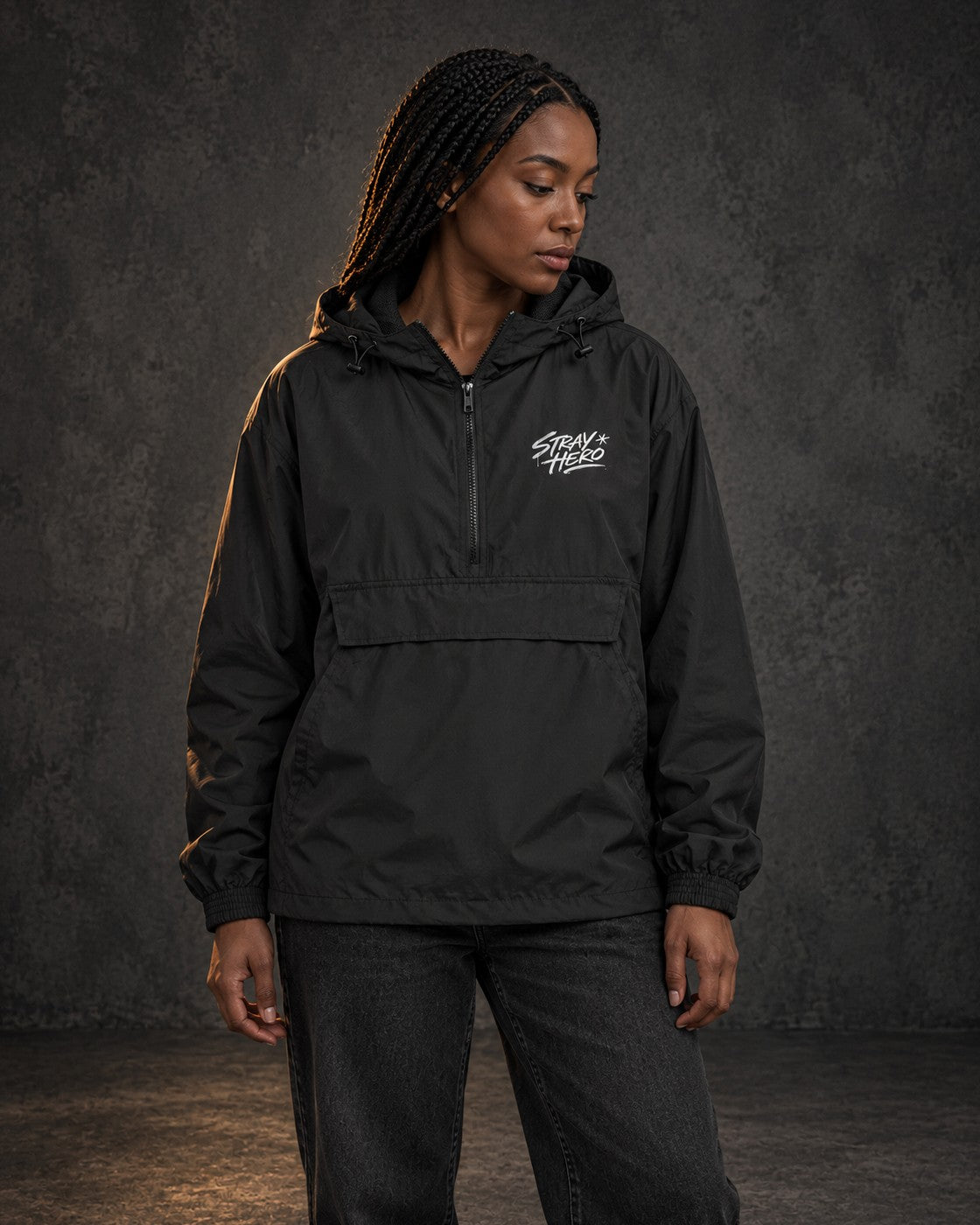Script Windbreaker, worn, chest print, black — AI-generated visual