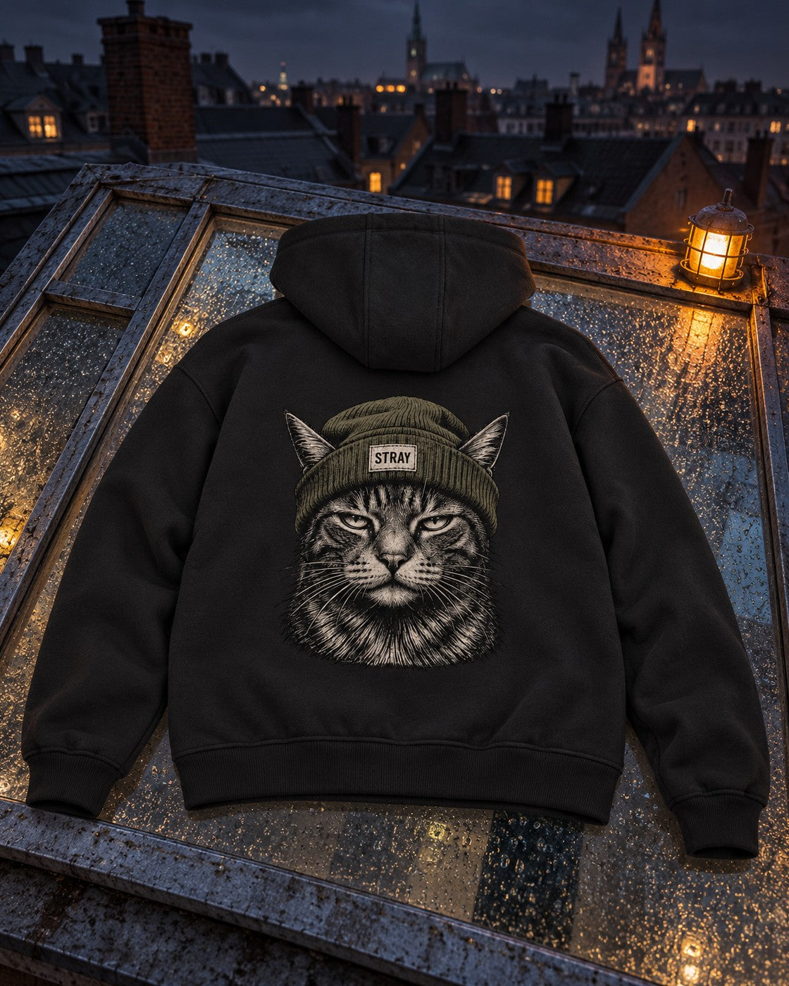 Beanie Cat Zip Hoodie Shade, back print, black, laid on a wet rooftop skylight with old-town spires behind at night — AI-generated visual