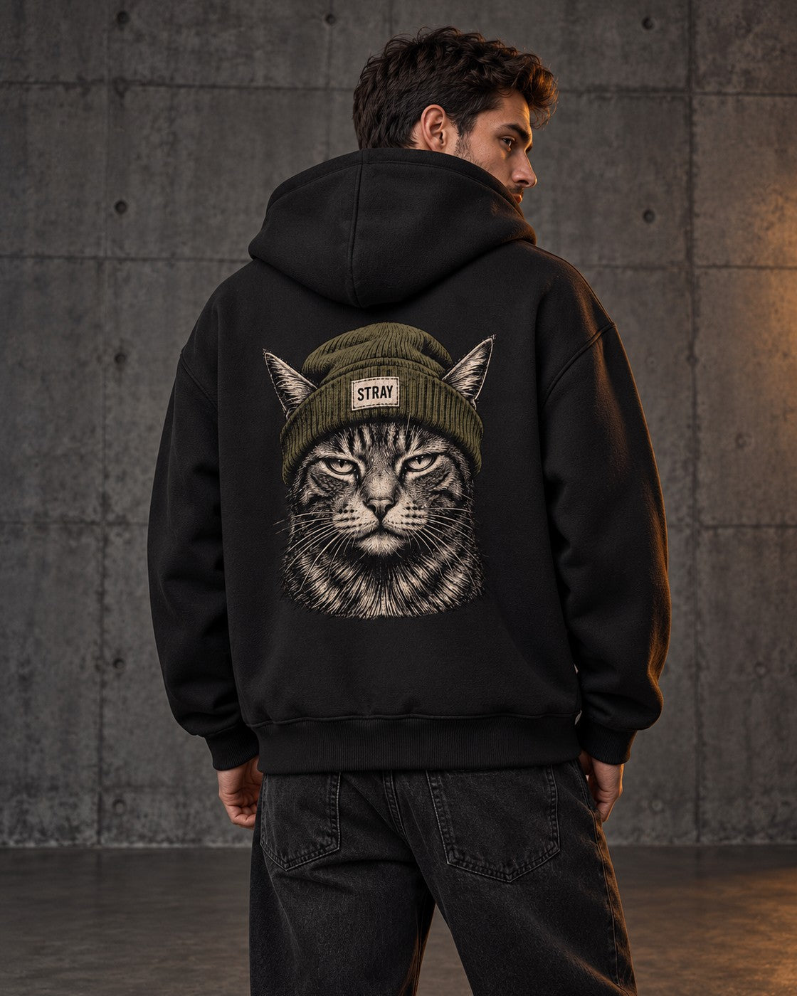 Beanie Cat Zip Hoodie Shade, worn, back print, black — AI-generated visual