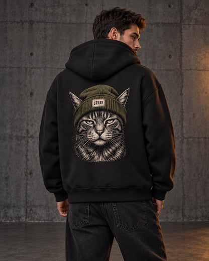 Beanie Cat Zip Hoodie Shade, worn, back print, black — AI-generated visual