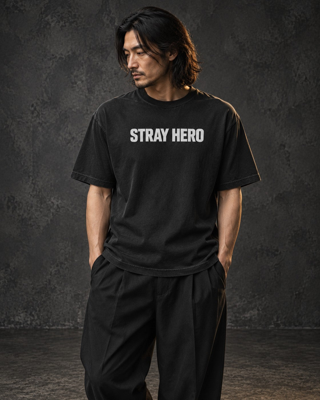 Monogram Tee, worn, front print, black — AI-generated visual