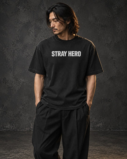 Monogram Tee, worn, front print, black — AI-generated visual