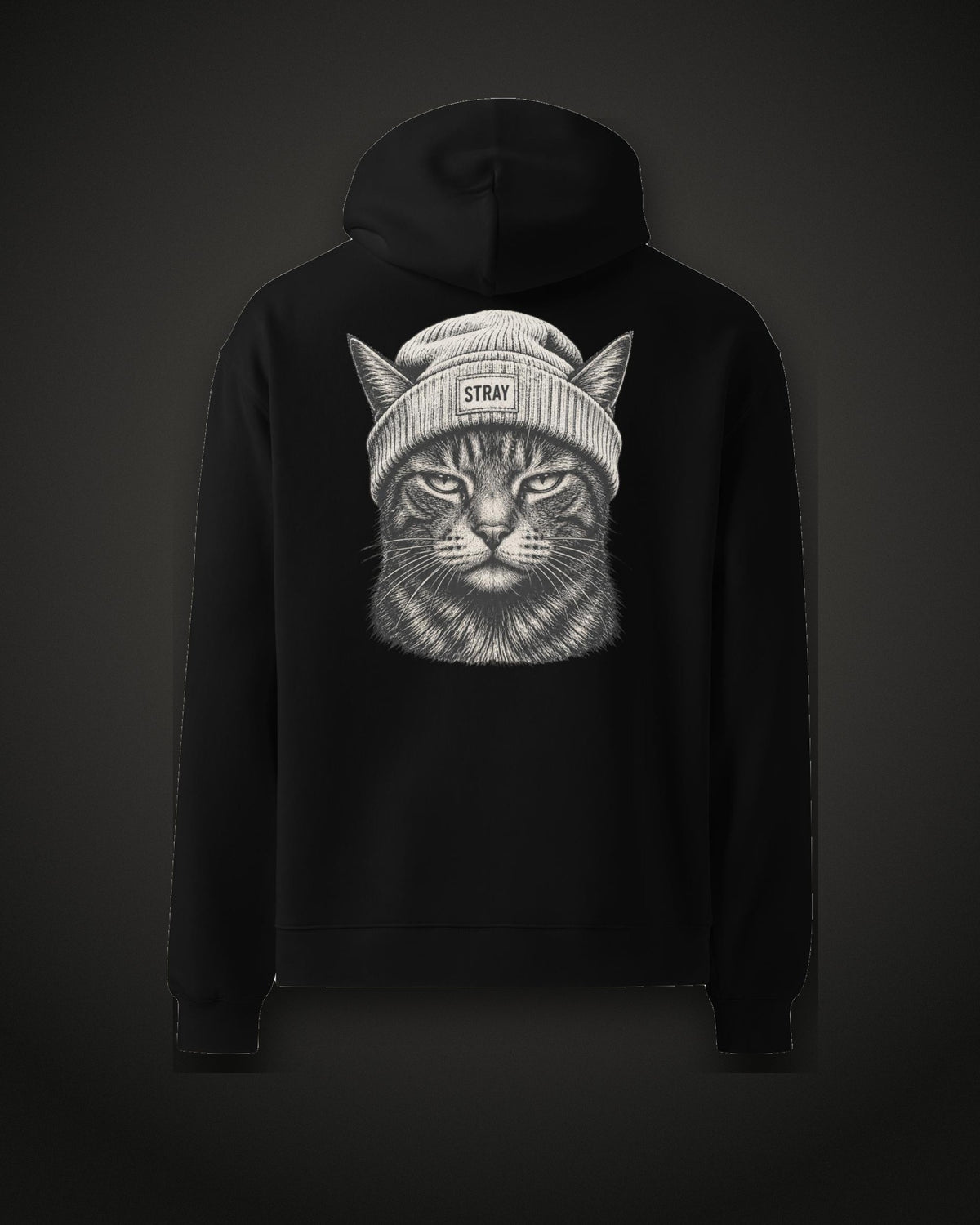 Beanie Cat Hoodie Ghost, back print, black