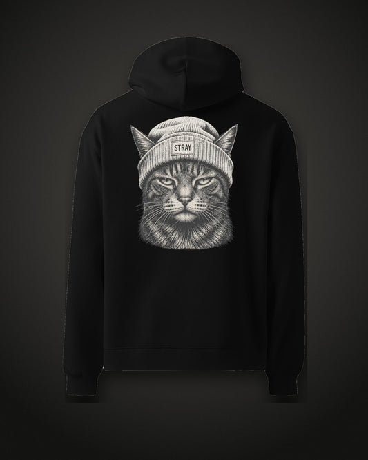 Beanie Cat Hoodie Ghost, back print, black