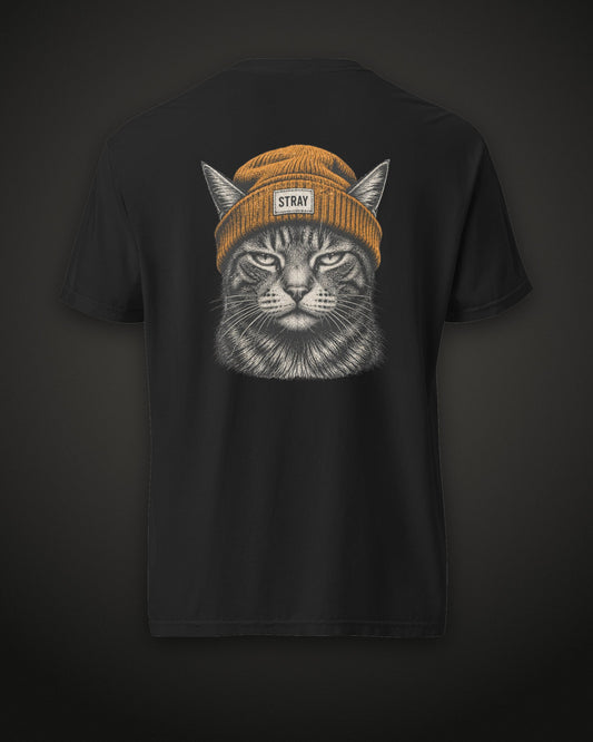 Beanie Cat Tee Ember, back print, black