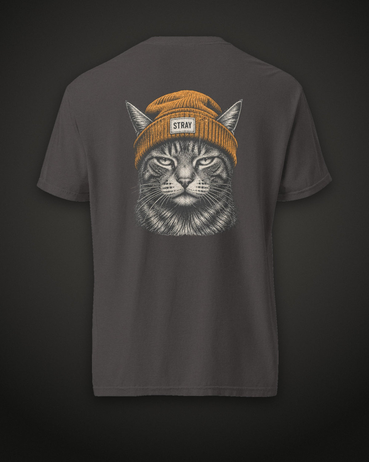 Beanie Cat Tee Ember, back print, graphite
