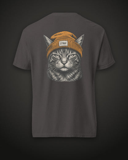Beanie Cat Tee Ember, back print, graphite