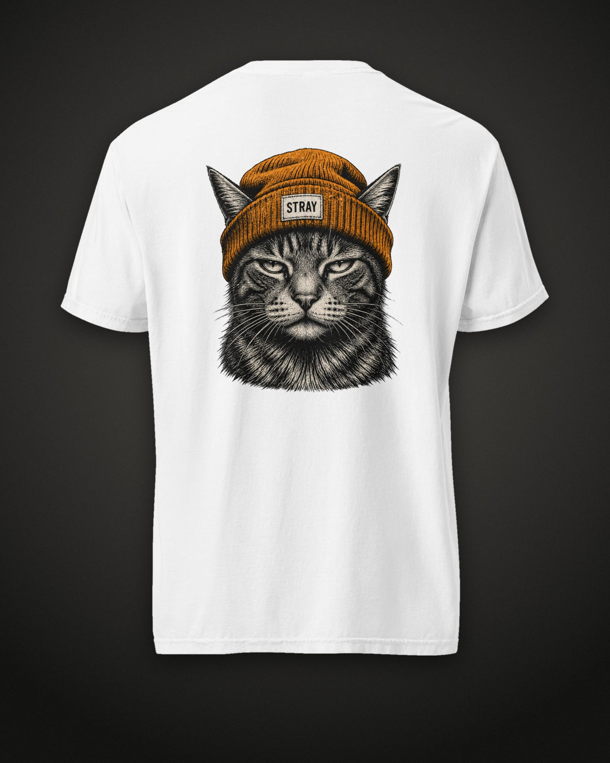 Beanie Cat Tee Ember, back print, white