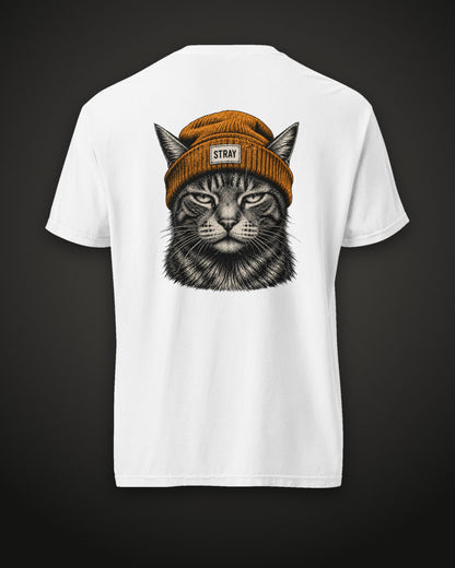 Beanie Cat Tee Ember, back print, white