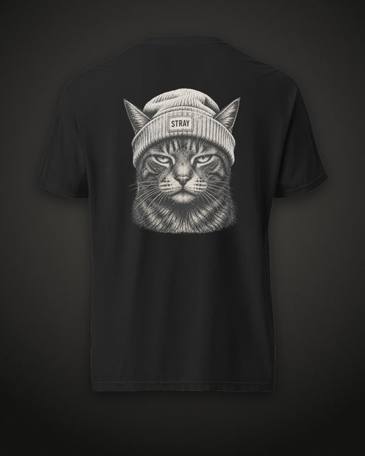 Beanie Cat Tee Ghost, back print, black