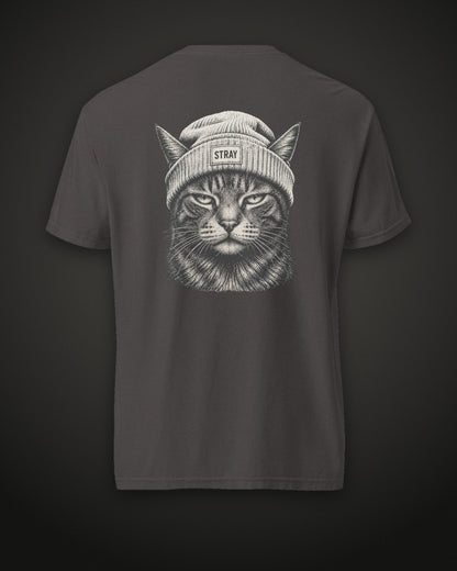 Beanie Cat Tee Ghost, back print, graphite