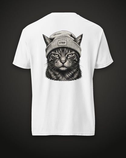 Beanie Cat Tee Ghost, back print, white