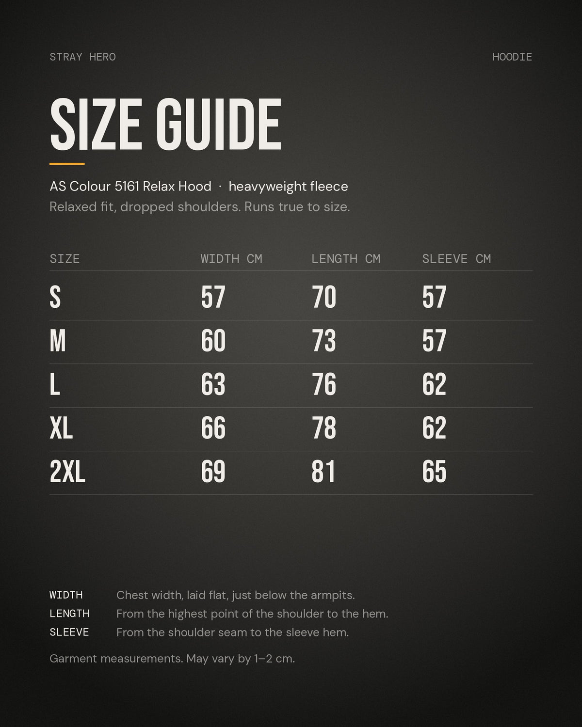 Size guide, hoodie, measurements in cm