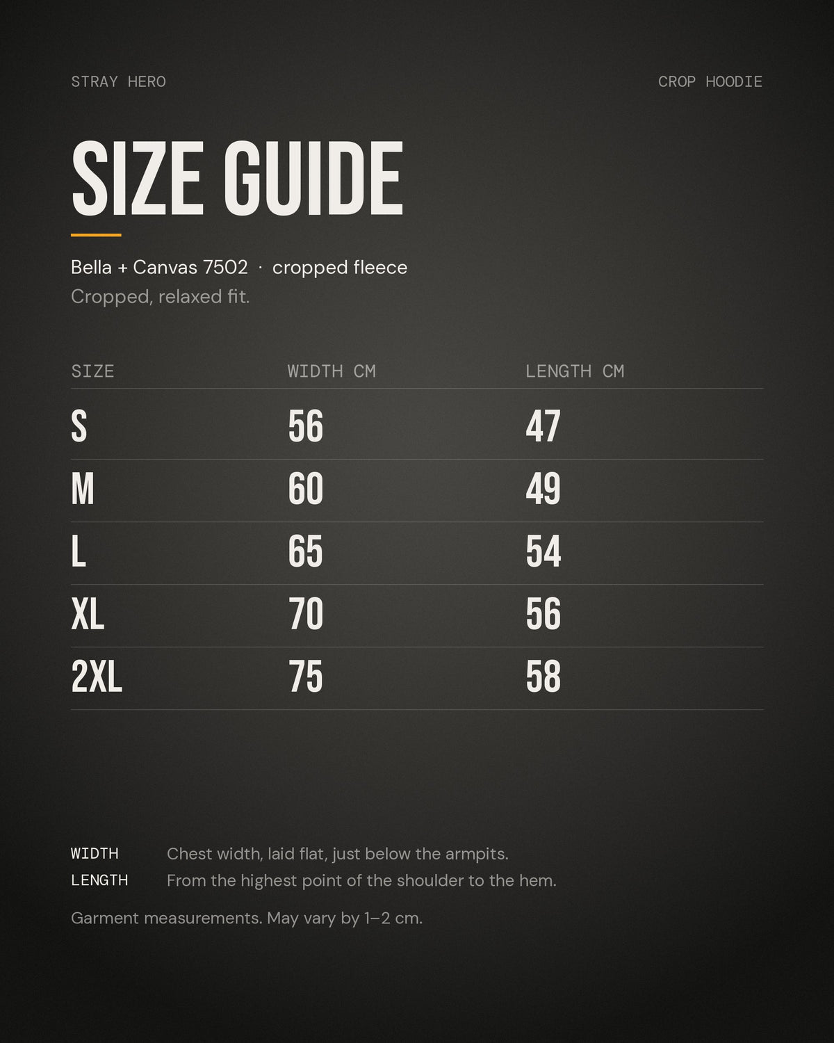 Size guide, crop hoodie, measurements in cm