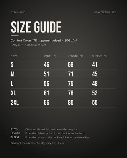 Size guide, heavyweight tee, measurements in cm